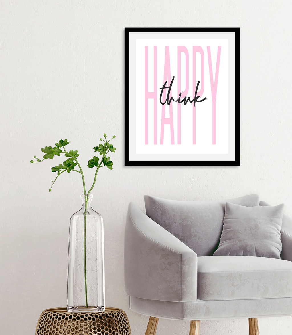 Bild von queence Bild »think happy«, Schriftzüge-Schriftzug-Sprüche & Texte-Humor-Motivationsbilder, (1 St.), HD Premium Poster-Druck inkl. Holzrahmen