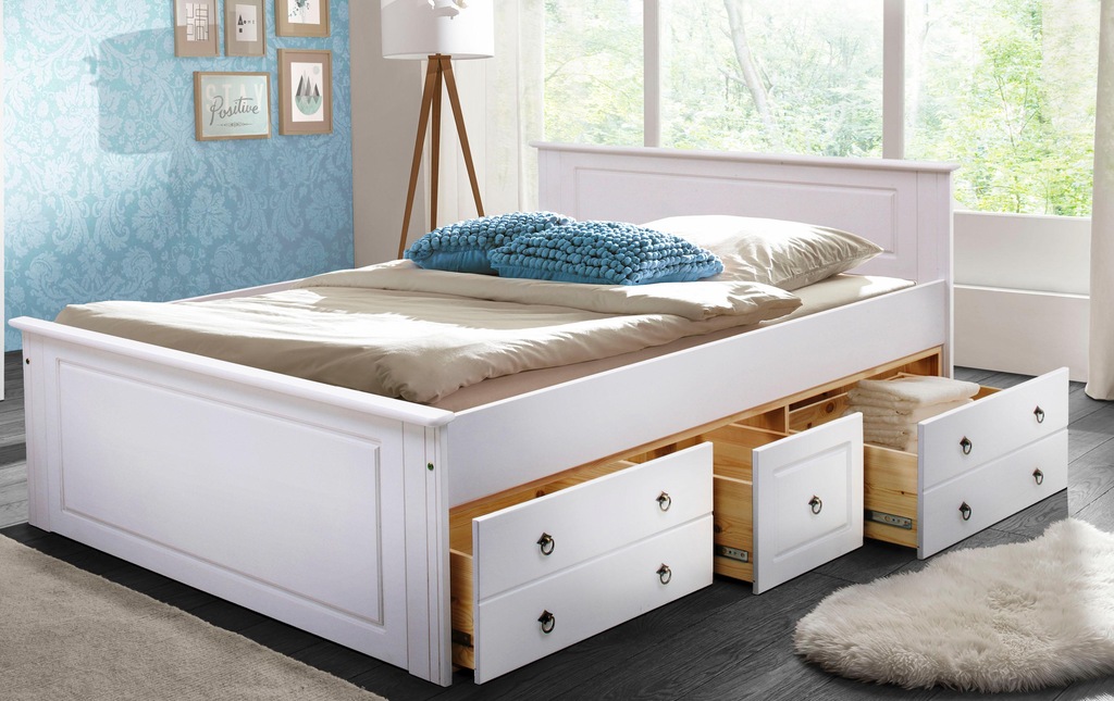 Bild von Home affaire Massivholzbett »Hugo, hohe Belastbarkeit! FSC® zertifiziertes Massivholz, Landhausstil«, (Breite/Belastbarkeit 180cm/200KG, 140cm/180KG), Stauraumbett aus massiver Kiefer