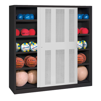 Bild von C+P Ballschrank mit Lochblech-Schiebetüren (Typ 4), HxBxT: 195x120x40 cm, Lichtgrau (RAL 7035), Einzelschließung