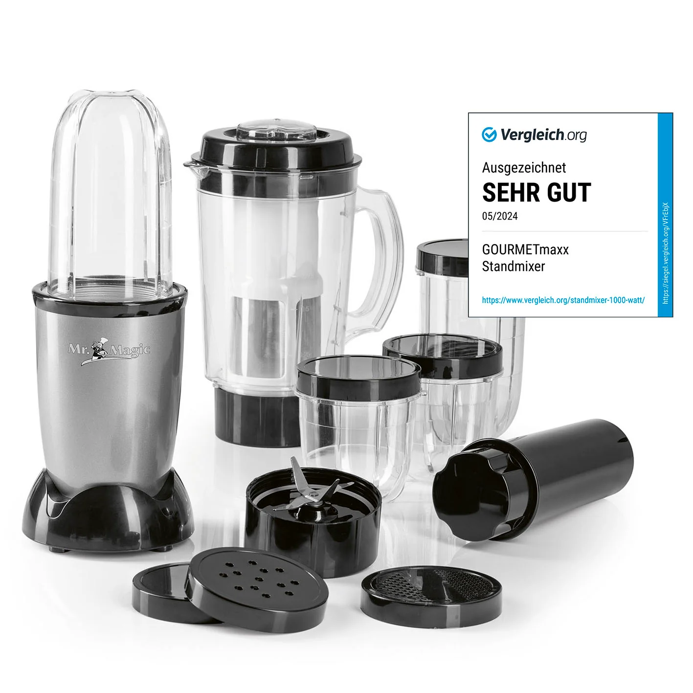 Bild von GOURMETmaxx Mr. Magic Mixer | Smoothie Maker mit XXL-Zubehörpaket | Standmixer 18-tlg. | Blender mit auslaufsicheren Frischhaltedeckeln | Food Processor für Shakes, Smoothies etc.