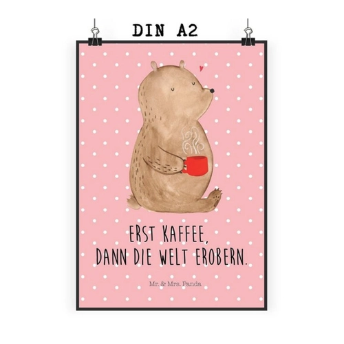 Bild von Mr. & Mrs. Panda Poster DIN A2 Bär Kaffee - Rot Pastell