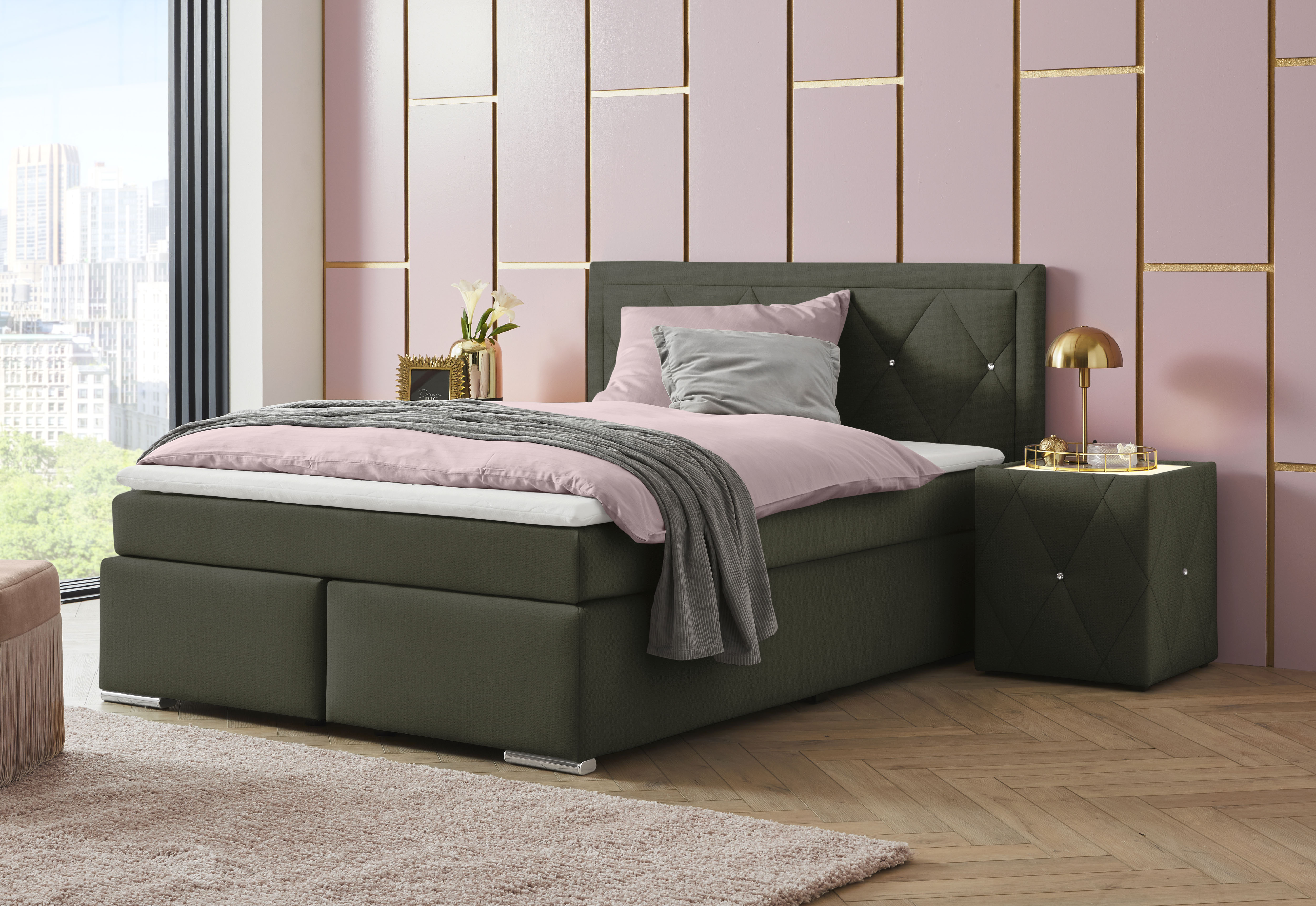 Bild von Leonique Boxbett "Alfie, Bestseller, wahlweise mit Bettkasten", mit Straßsteinen im Kopfteil, H2, H3 und H4 wählbar