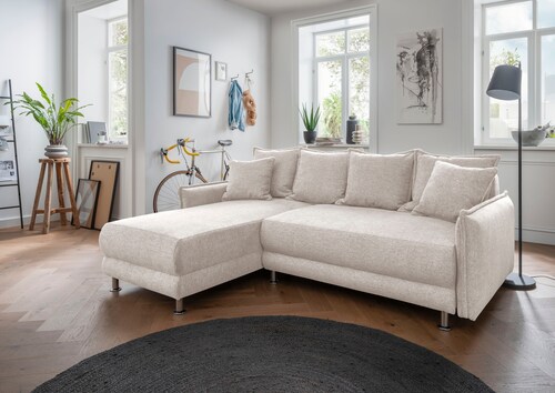 Bild von INOSIGN Ecksofa »Pulea L-Form«, Liegefläche ausziehbar, Bettkasten, 2x Zierkissen, verschiedene Stoffe