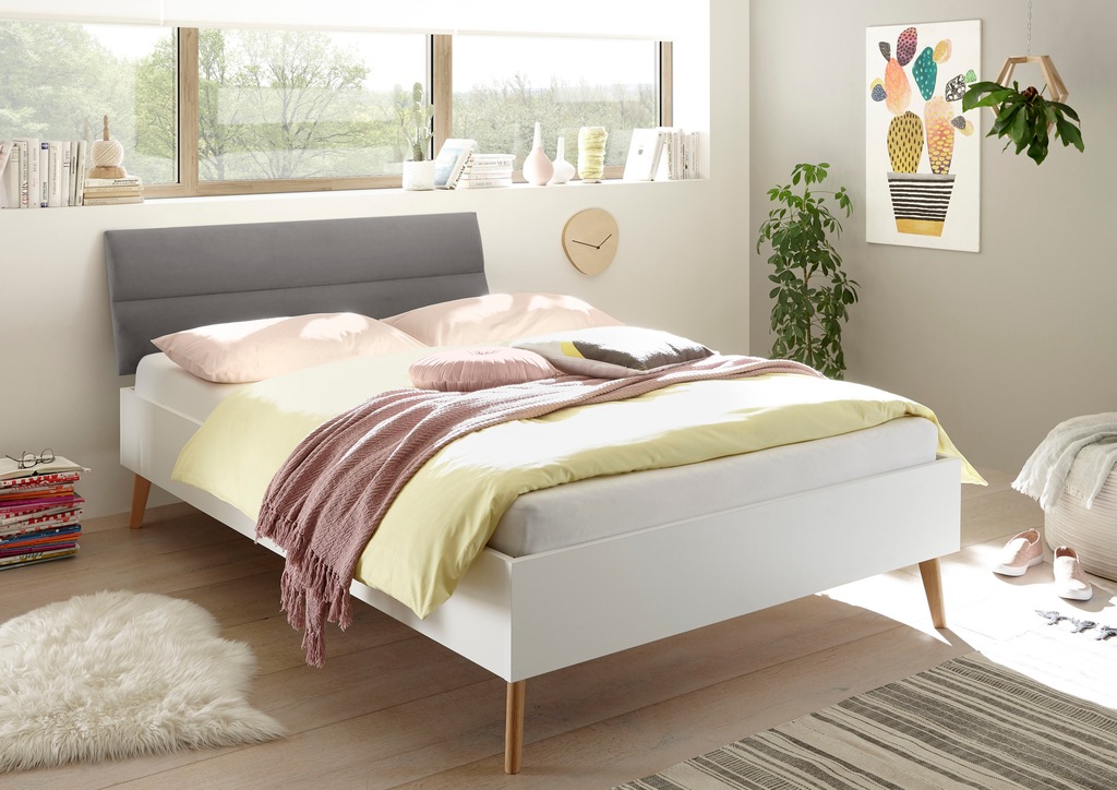 Bild von andas Einzelbett "MERLE Bett im skandinavischen Design, Bettgestell mit Massivholzfüßen", Bettrahmen mit gepolstertem Kopfteil, Liegefläche 140 x 200cm