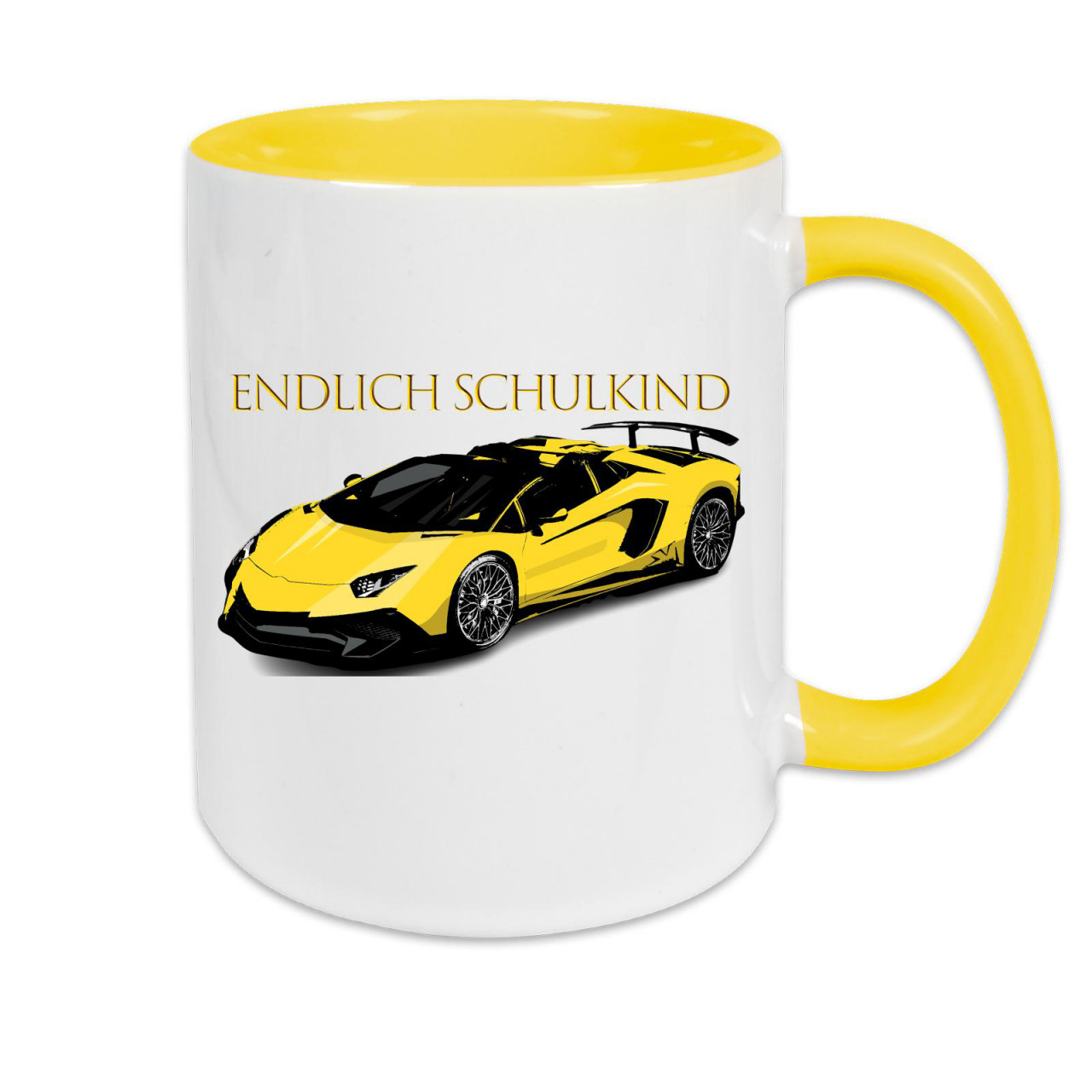 Bild von Tasse zweifarbig Schule - Schulstart Endlich Schulkind Rennauto gelb