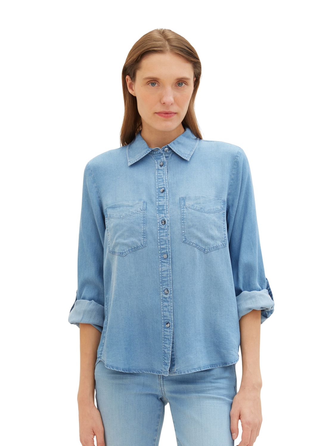 Bild von TOM TAILOR Damen Jeansbluse mit Brusttaschen, 10113 - Clean Mid Stone Blue Denim, 36