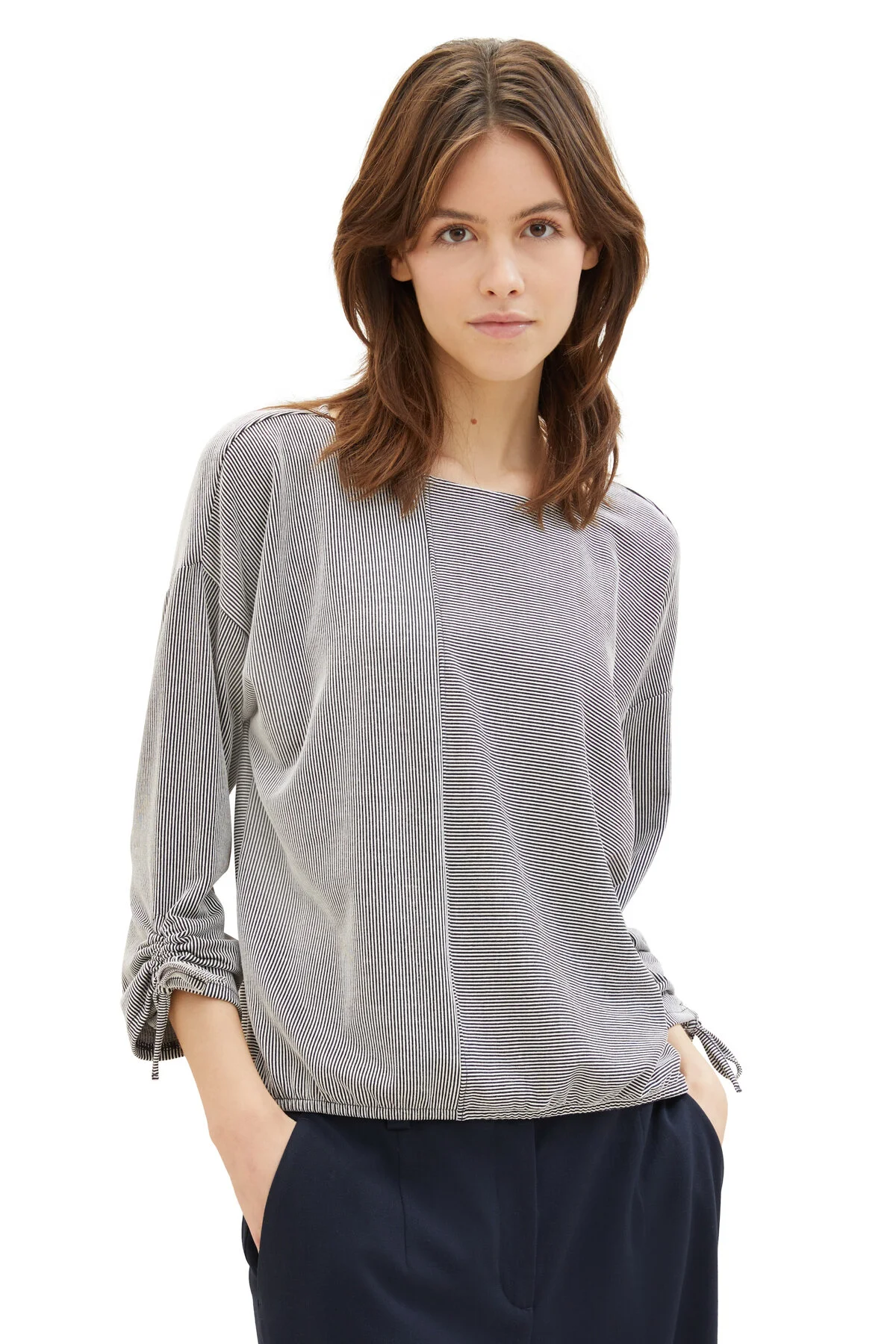 Bild von Tom Tailor Denim Damen Loose Fit Longsleeve mit Streifen & Raffarm, 34744 - Small Navy White Stripe, L