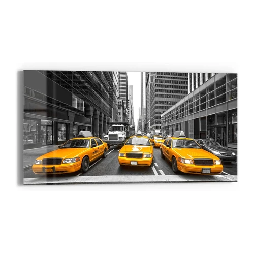 Bild von DEQORI Glasbild Echtglas | Motiv Gelbe Taxis in New York | horizontal einteilig 60x30 cm | schöne Dekoration | Wandbild für Wohnzimmer, Schlafzimmer, Flur & Küche | moderne Wanddeko, DEQORI Glasbild 'Gelbe Taxis in New York', 'Gelbe Taxis in New York', Glas Wandbild Bild schwebend modern