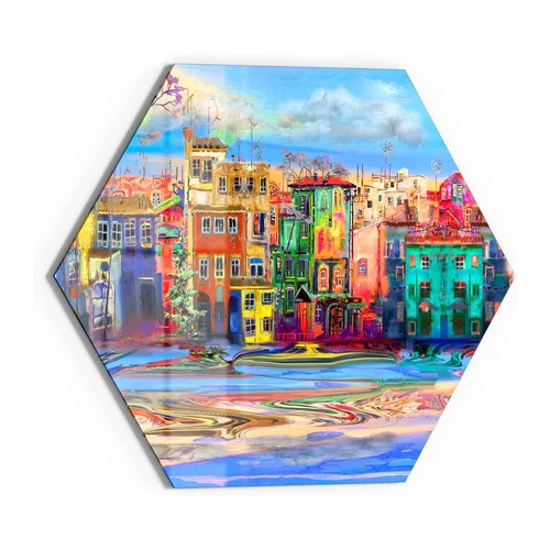 Bild von DEQORI Glasbild Echtglas | Motiv Buntes Stadtbild | sechseckig einteilig 55x47,6 cm | schöne Dekoration | Wandbild für Wohnzimmer, Schlafzimmer, Flur & Küche | moderne Wanddeko, DEQORI Glasbild 'Buntes Stadtbild', 'Buntes Stadtbild', Glas Wandbild Bild schwebend modern