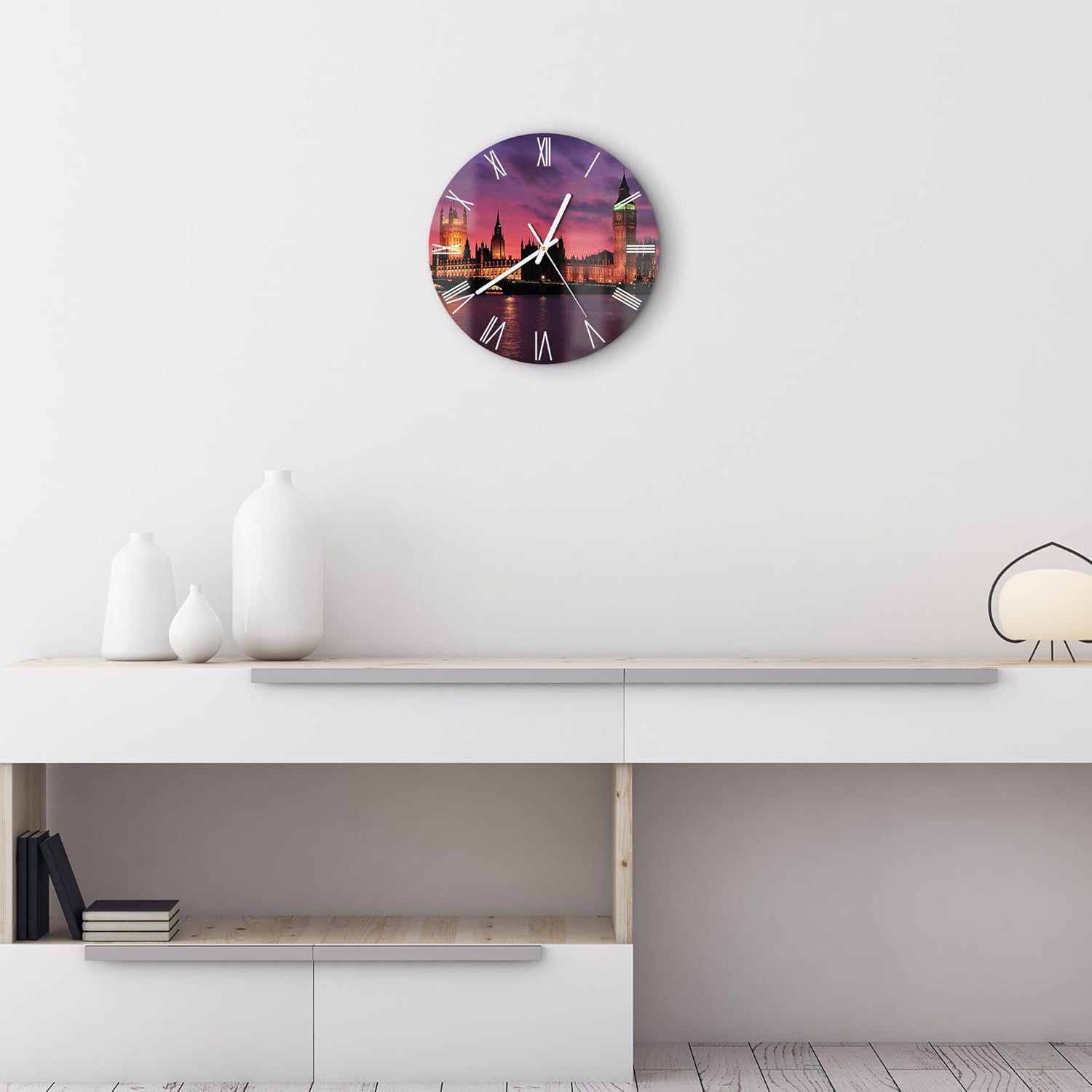 Bild von DEQORI Glasuhr | rund Ø 30 cm | Motiv London im Abendrot | ausgefallene leise Design Uhr aus Glas | Wanduhr für Wohnzimmer & Küche | Moderne Hingucker Uhr für die Wand