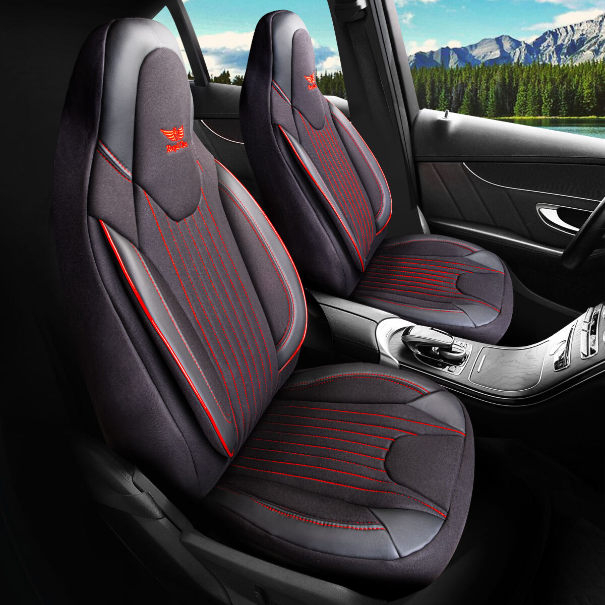 Bild von Sitzbezüge passend für Jeep Cherokee in Schwarz Rot Pilot 6.2
