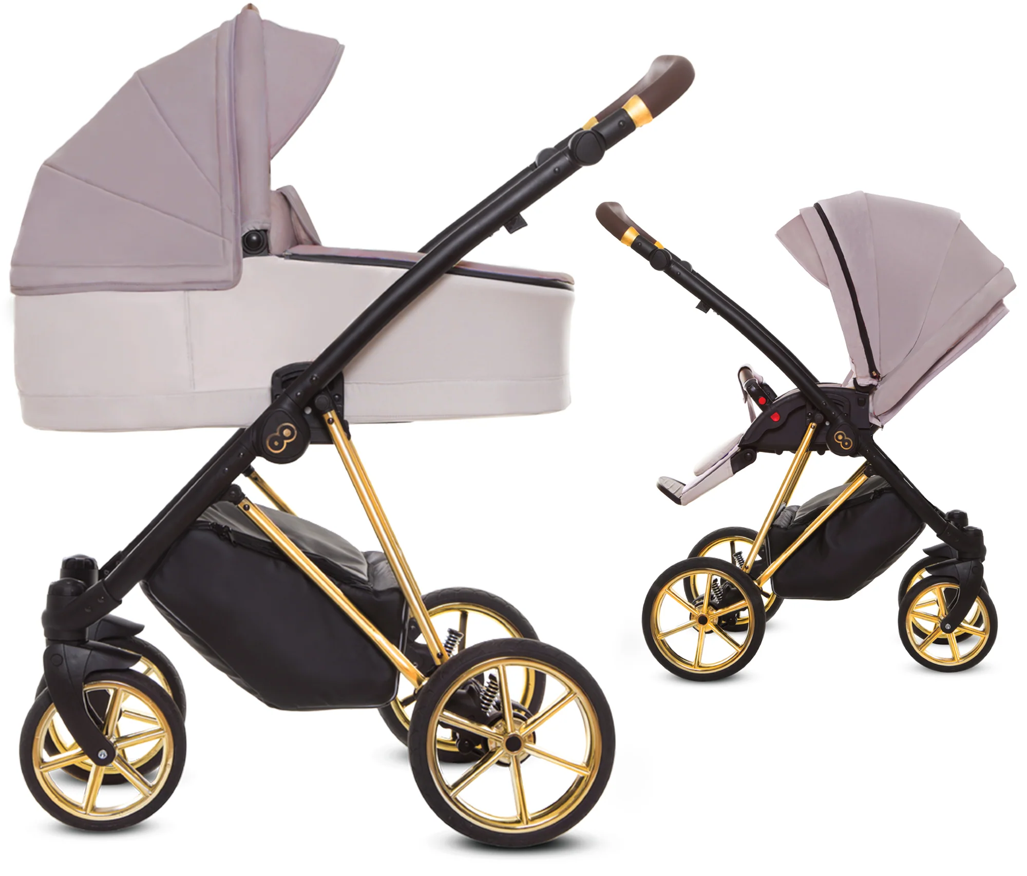 Bild von TPFLiving Kombi-Kinderwagen 2in1 Musse Ultra, Baby Buggy Babywanne 5-Punkt-Sicherheitsgurt, großes Zubehör-Set Kinderwagen 2 in 1 Stoff Pastell, Gestell Gold