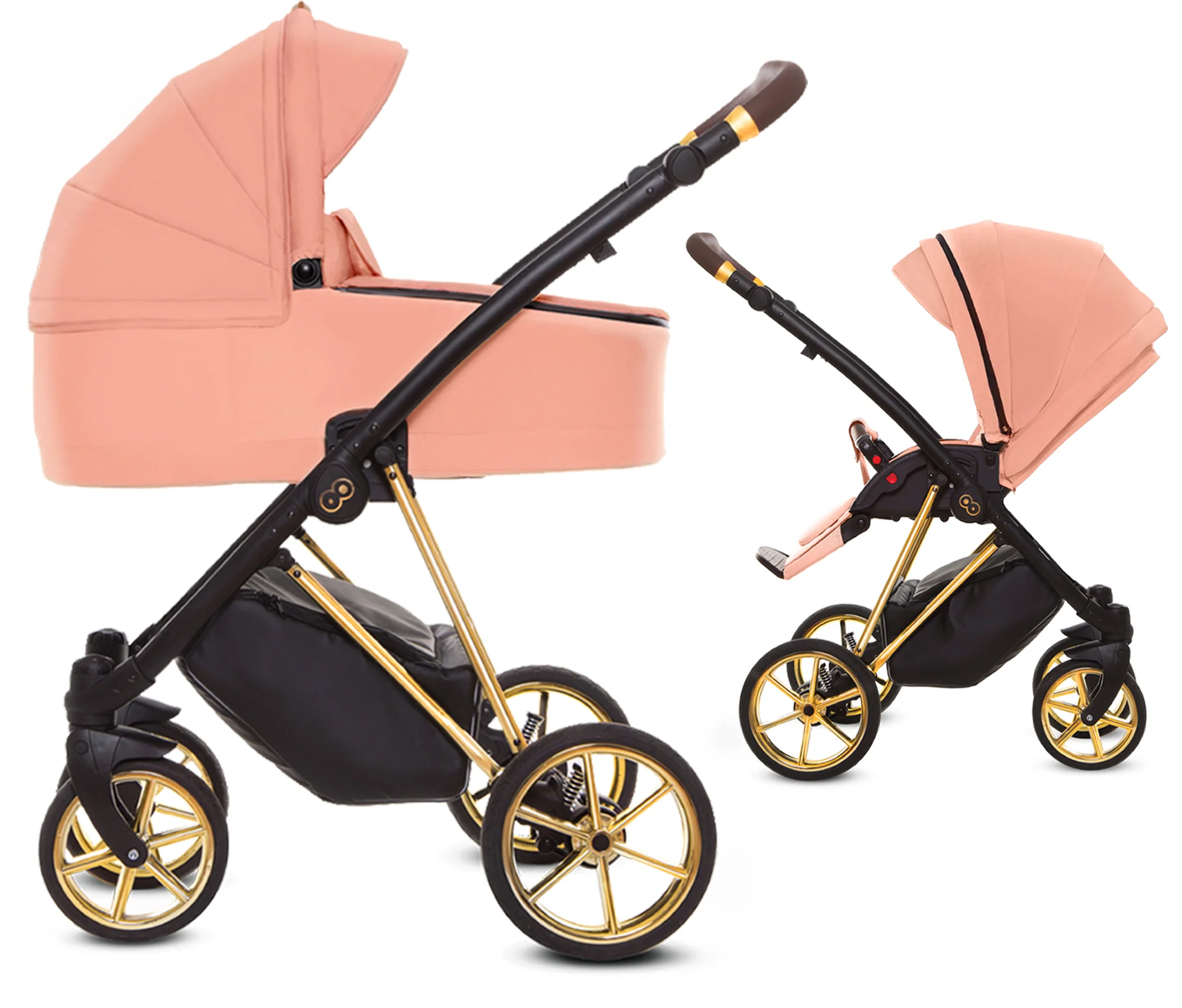 Bild von TPFLiving Kombi-Kinderwagen 2in1 Musse Ultra, Baby Buggy Babywanne 5-Punkt-Sicherheitsgurt, großes Zubehör-Set Kinderwagen 2 in 1 Stoff Apricot, Gestell Gold