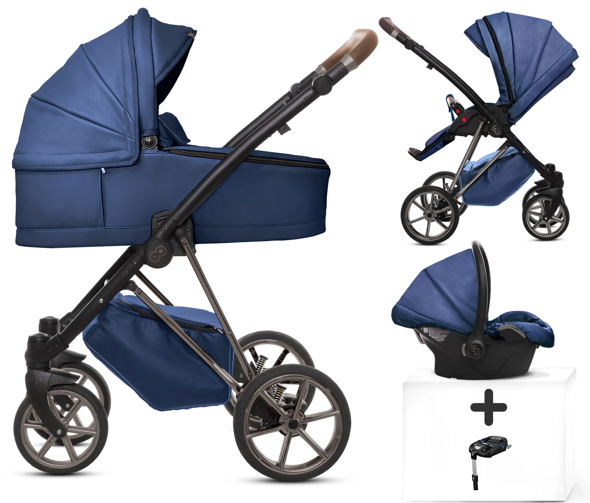 Bild von TPFLiving Kombi-Kinderwagen 4 in 1 Musse Royal, Baby Buggy Babywanne Autositz Isofix Basis, Zubehör-Set Kinderwagen 4 in 1 Kunstleder Blau, Gestell Grau