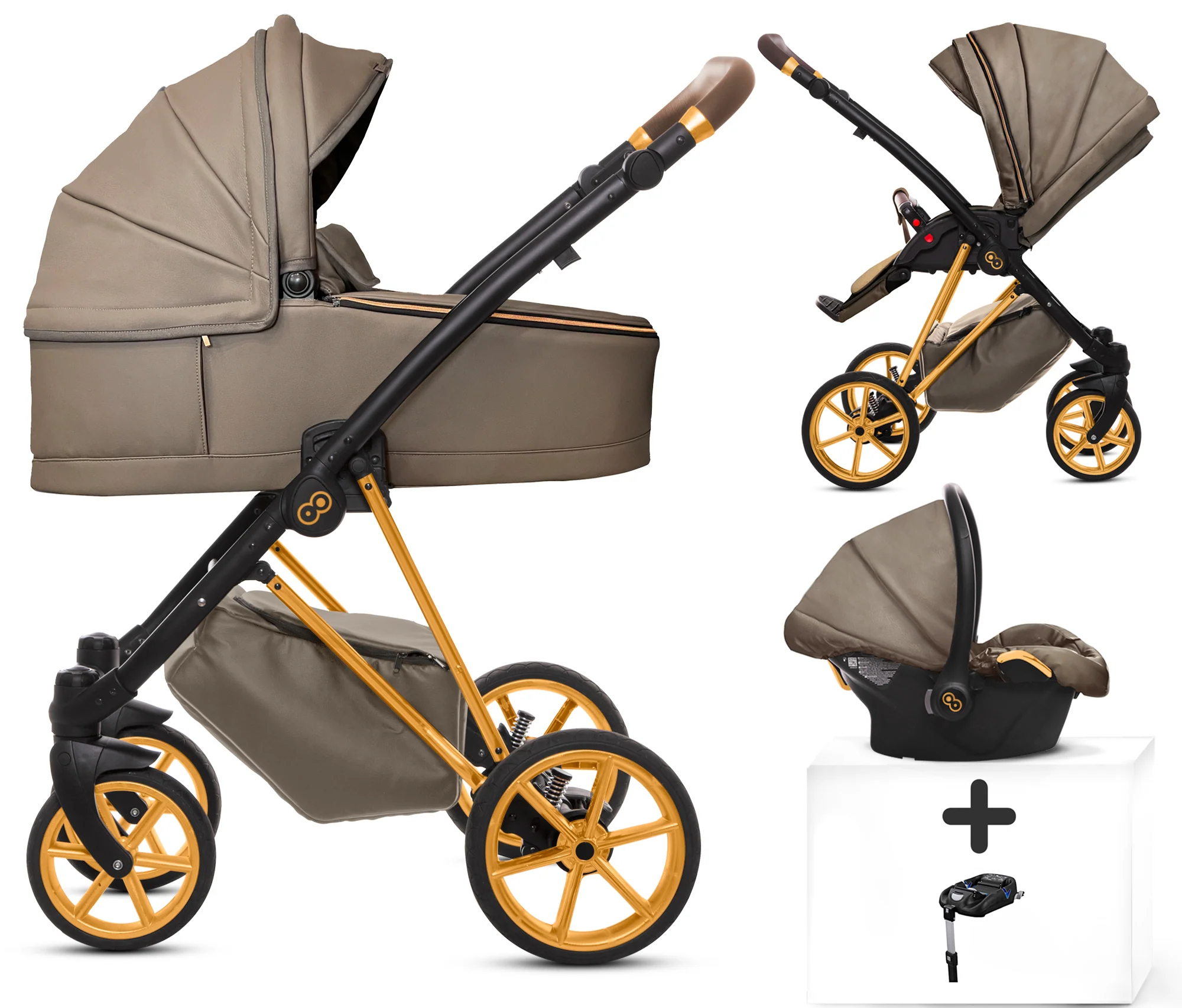 Bild von TPFLiving Kombi-Kinderwagen 4 in 1 Musse Royal, Baby Buggy Babywanne Autositz Isofix Basis, Zubehör-Set Kinderwagen 4 in 1 Kunstleder Grau, Gestell Gold