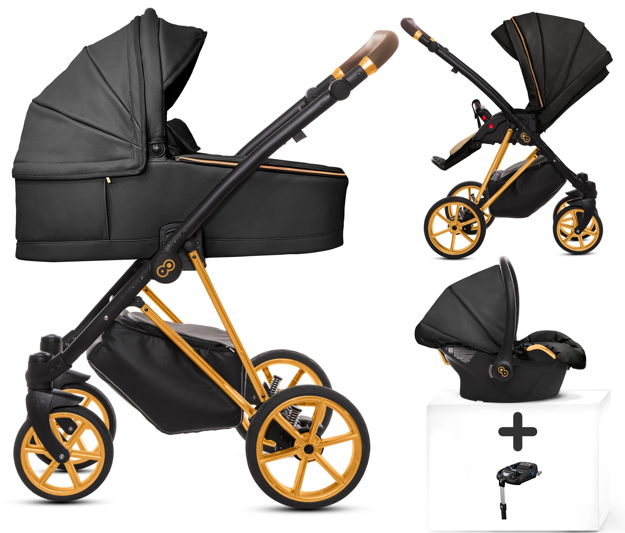 Bild von TPFLiving Kombi-Kinderwagen 4 in 1 Musse Royal, Baby Buggy Babywanne Autositz Isofix Basis, Zubehör-Set Kinderwagen 4 in 1 Kunstleder Schwarz, Gestell Gold