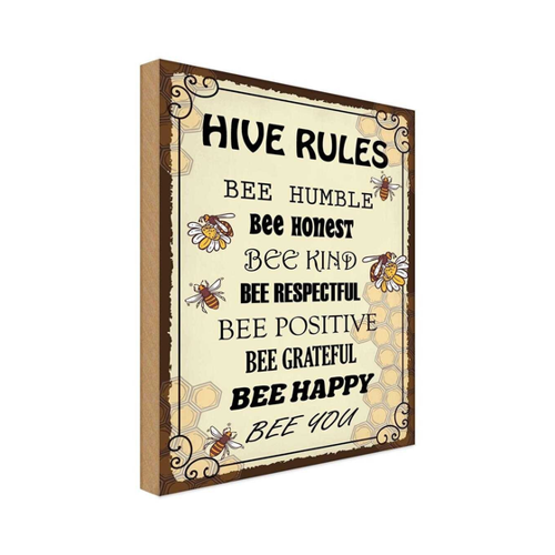 Bild von Holzschild 18x12 cm Hive Rules Bee Humble Honest