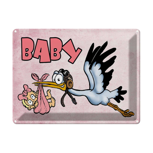 Bild von Blechschild 30x40 cm - Baby Storch bringt Kind rosa