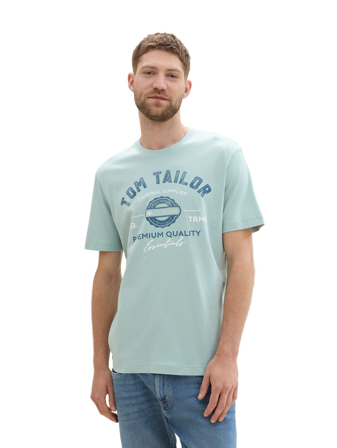 Bild von TOM TAILOR Herren T-Shirt mit Logo-Print aus Baumwolle, white moss, S
