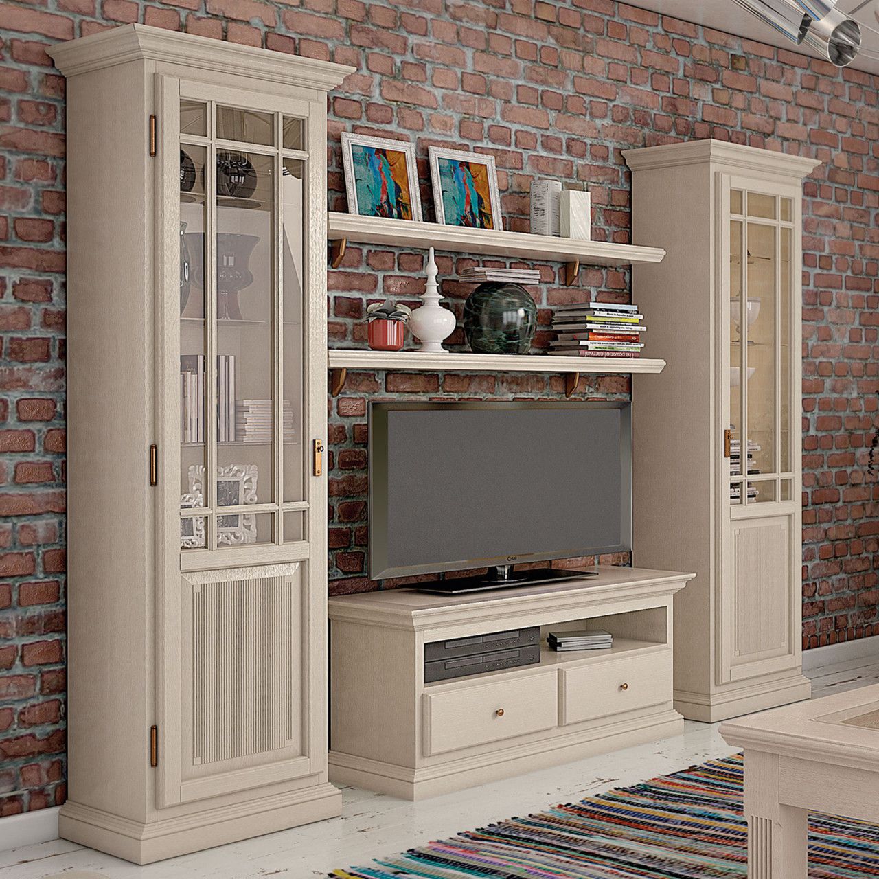 Bild von Wohnwand Wohnzimmer Schrank Set Duett 2 Vitrinen TV Schrank 2 Bücher-Regale Duett Pinie massiv Pinie lipizano mit LED-Beleuchtung
