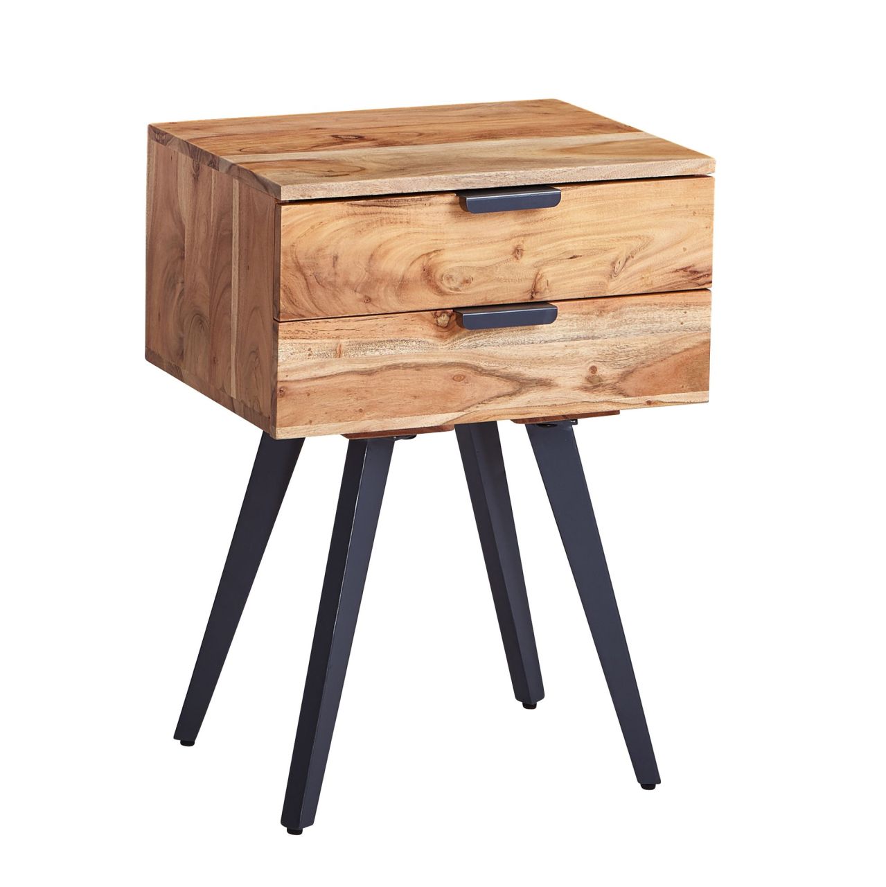 Bild von Nachtkonsole 47 x 65 x 35 cm Akazie Massivholz Nachttisch Boxspringbett, Nachtkästchen 2 Schubladen, Nachtschrank Modern mit Metallbeinen, Nachtkommode Massiv
