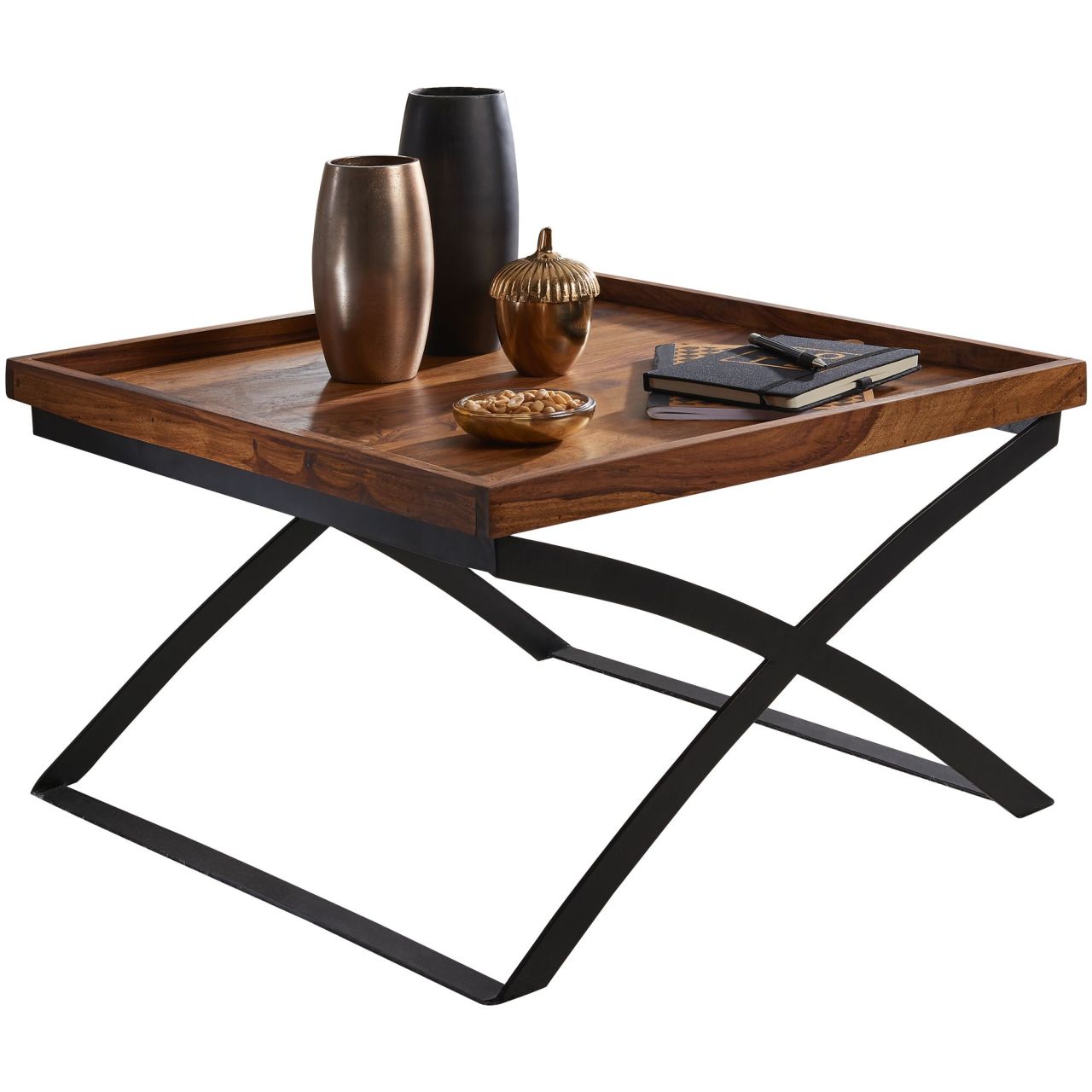 Bild von Couchtisch WL5.595 63x39x63cm Sheesham Massivholz / Metall Sofatisch, Design Wohnzimmertisch Industrial Style, Stubentisch Braun/Schwarz, Designer Kaffeetisch massiv, Tisch quadratisch