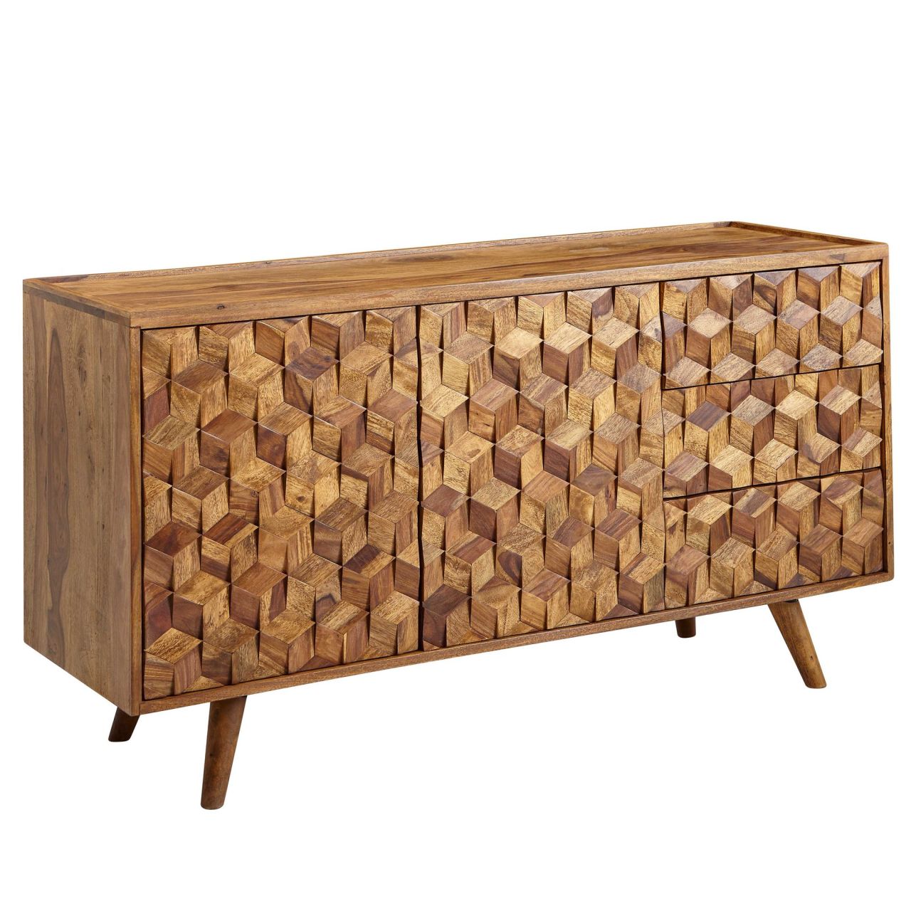 Bild von Sideboard 138x76x45 cm Sheesham Massivholz Anrichte mit Türen & Schubladen, Kommode Kommodenschrank Holz Modern, Standschrank Wohnzimmer