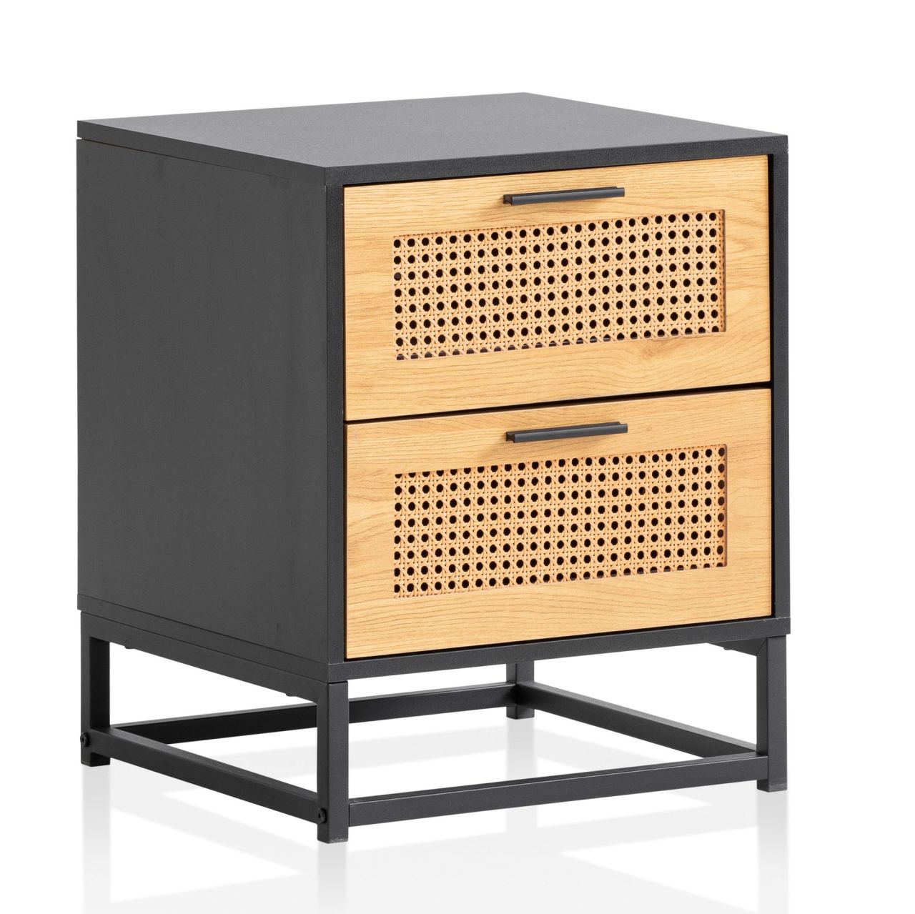 Bild von Nachtkonsole Schwarz mit Wiener Geflecht 45x45x56 cm Nachttisch Zeitlos, Nachtkommode Boxspringbett mit Schubladen, Nachtkästchen mit Stauraum