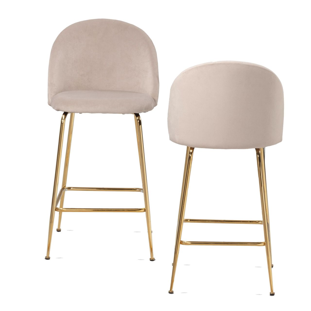 Bild von 2er Set Barhocker Samt Beige Hocker mit Lehne & goldenen Beinen, Küchenhocker Skandinavisch Stoff / Metall 110 kg, Design Barstuhl Tresenhocker, Bistrohocker Gepolstert