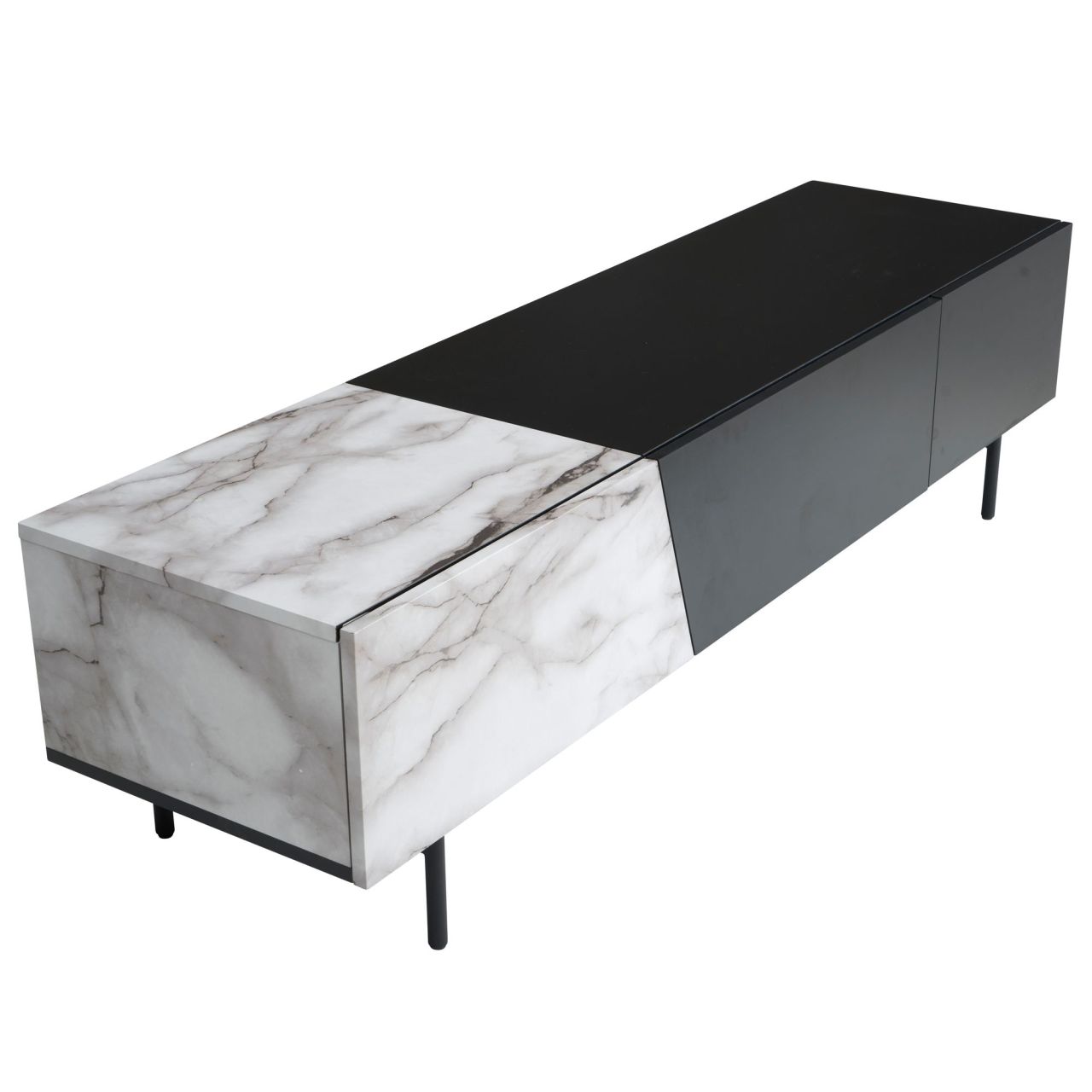 Bild von Lowboard Schwarz mit Marmor-Dekor in Weiß 150x40x40 cm TV-Kommode Modern, Design TV-Schrank Niedrig, Fernsehtisch Fernsehschrank mit Türen & Schublade, Fernsehkommode Wohnzimmer
