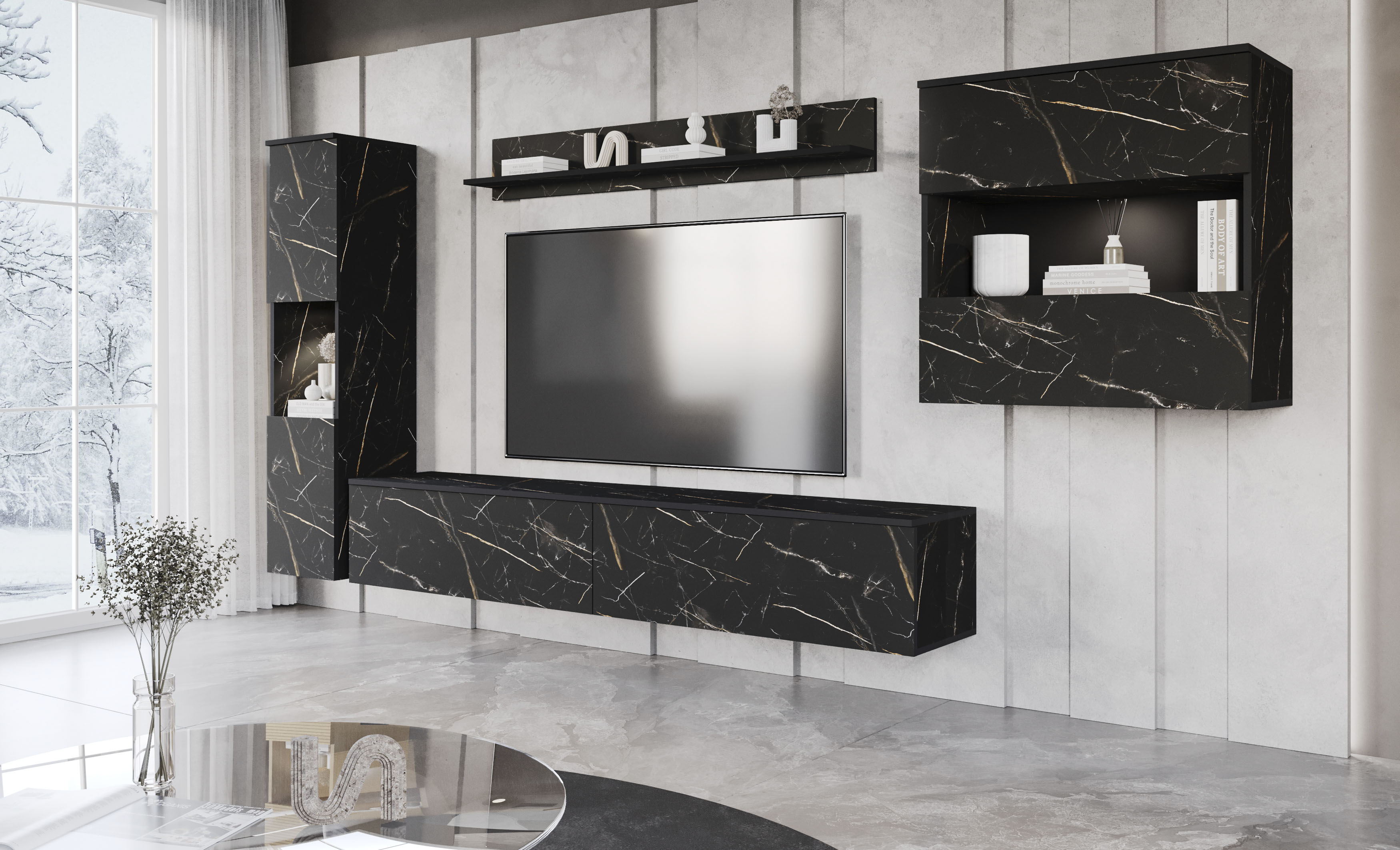 Bild von INOSIGN Wohnwand "PARIS", (Komplett-Set, 4 St.), TV-Wand 300cm breite, grifflose Design, stehend und hängend montierbar