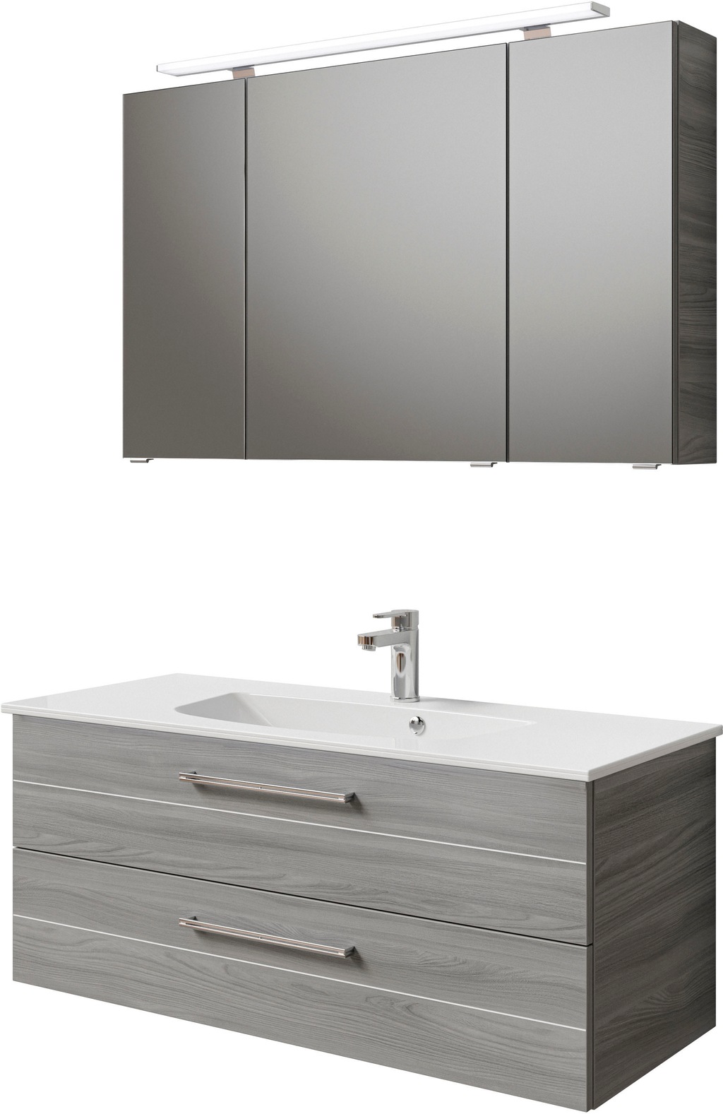 Bild von Saphir Badmöbel-Set "Serie 6025 2-teilig Mineralmarmor-Waschtisch mit LED-Spiegelschrank", (2 St.), Waschplatz 117cm breit, 2 Schubladen, 3 Spiegel-Türen, inkl Türdämpfer