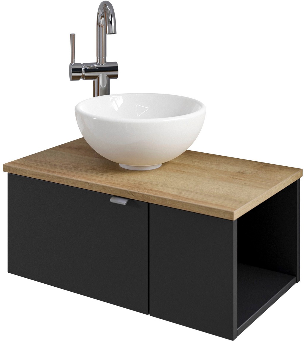 Bild von Saphir Waschtisch Serie 6915 Waschschale mit Unterschrank für Gästebad, Gäste WC (3-St., Keramik-Aufsatzbecken, Waschtischplatte, Waschtischunterschrank), 61 cm breit, 2 Türen, offenes Fach, kleine Bäder, ohne Armatur