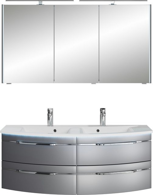 Bild von Saphir Badmöbel-Set "Badezimmer-Set 133,2 cm breit, inkl. Türdämpfer, 3 Türen, 4 Schubladen", (Set, 2 St.), Serie 7045 2-teilig Mineralmarmor-Doppelwaschtisch, LED-Spiegelschrank