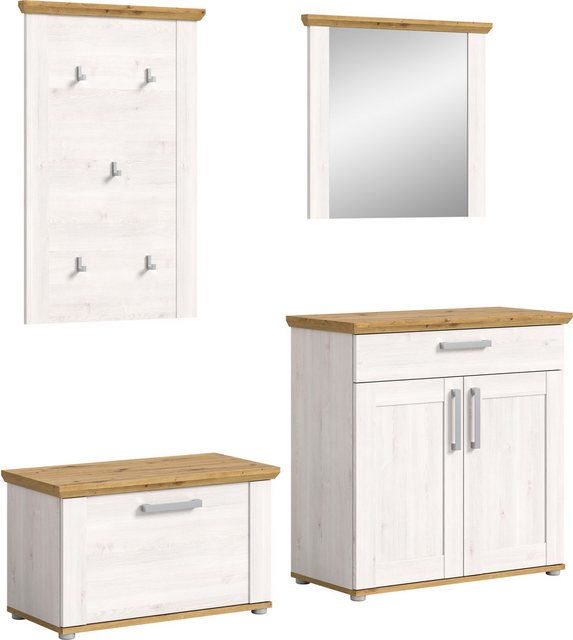 Bild von Home affaire Garderoben-Set »Cosenza, Breite ca. 190 cm, 2-farbig, 4-teilig, bestehend aus:«, (4 St.), Sitzbank, Garderobenpaneel, Schuhschrank, Spiegel, in Landhausoptik