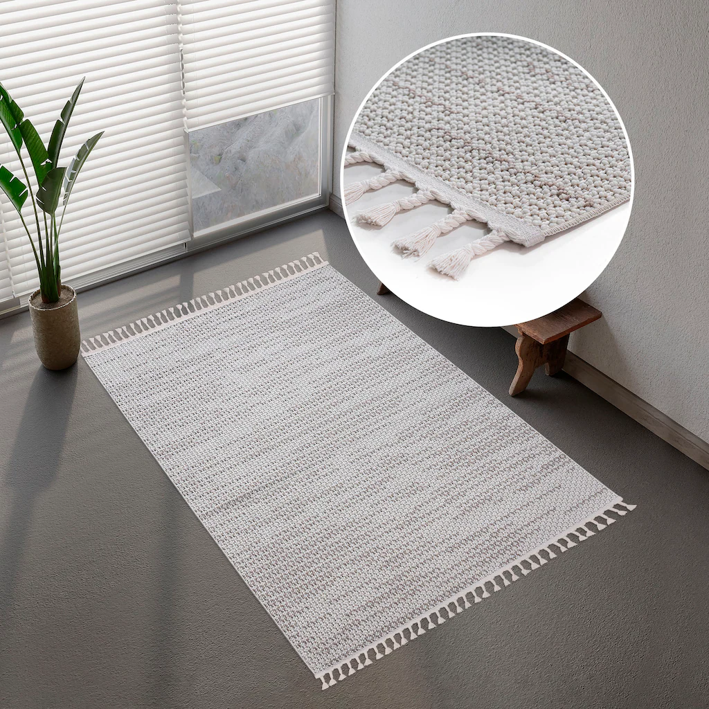 Bild von my home Teppich "Mads in Woll-Optik", rechteckig, 6 mm Höhe, Boho-Style, Hoch-Tief-Struktur, In- und Outdoor geeignet, mit Fransen