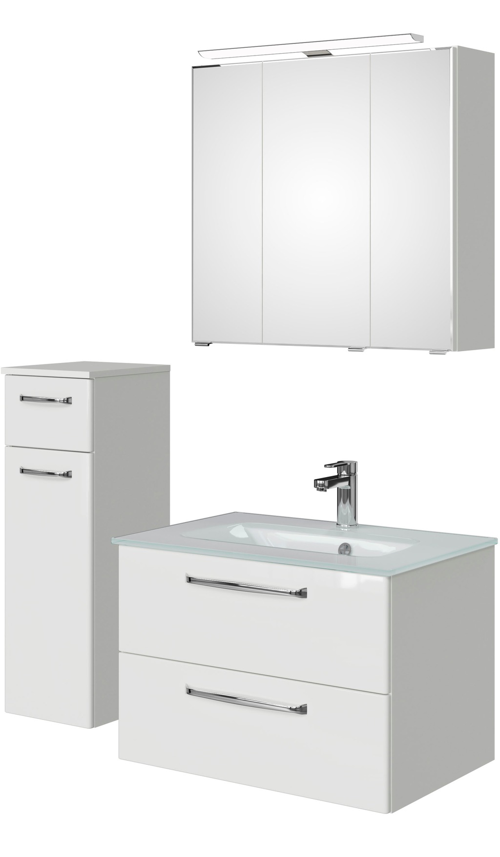 Bild von Saphir Badmöbel-Set "Badmöbel-Set Trentino 3-teilig Glas-Waschtisch mit LED-Spiegelschrank", (4 St.), Badezimmer-Set mit Unterschrank inkl. Türdämpfer