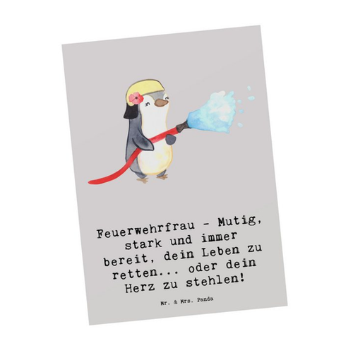 Bild von Mr. & Mrs. Panda Postkarte Feuerwehrfrau Heldin - Grau Pastell
