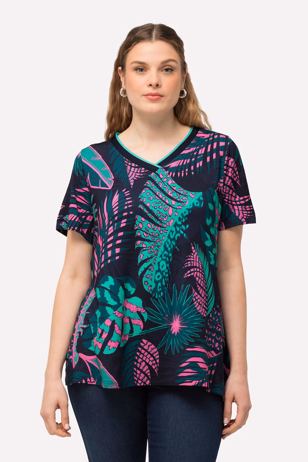 Bild von Ulla Popken Rundhalsshirt T-Shirt Palmen A-Linie V-Ausschnitt Halbarm