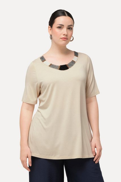 Bild von Ulla Popken Rundhalsshirt T-Shirt Perlenstickerei A-Linie Rundhals Halbarm