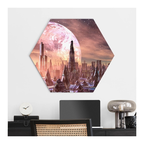 Bild von Hexagon-Alu-Dibond Bild Sci-Fi Stadt mit Planeten – Ein beeindruckendes Wandbild