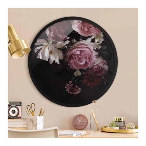 Bild von Rundes Gerahmtes Bild Rosa Blumen auf Schwarz Vintage