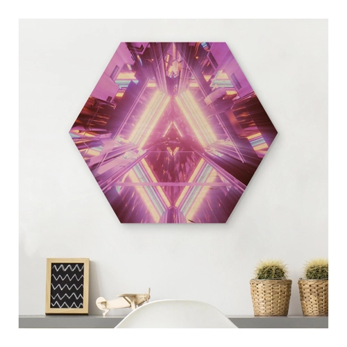 Bild von Hexagon-Holzbild Neonlichter im Dreieck von Klebefieber