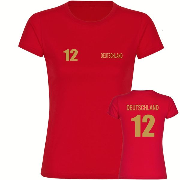 Bild von multifanshop Damen T-Shirt - Deutschland - Trikot Nummer 12 Gold - Druck Gold metallic - Frauen Größe S rot