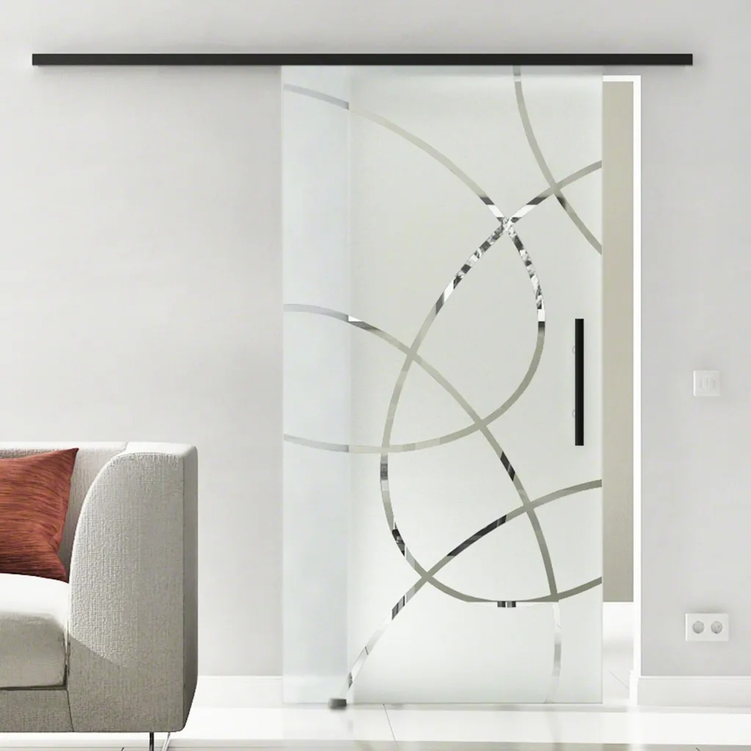 Bild von Levidor Glasschiebetür Komplettset 77,5 x 205 cm Essen Schwarz mit Stangengriff