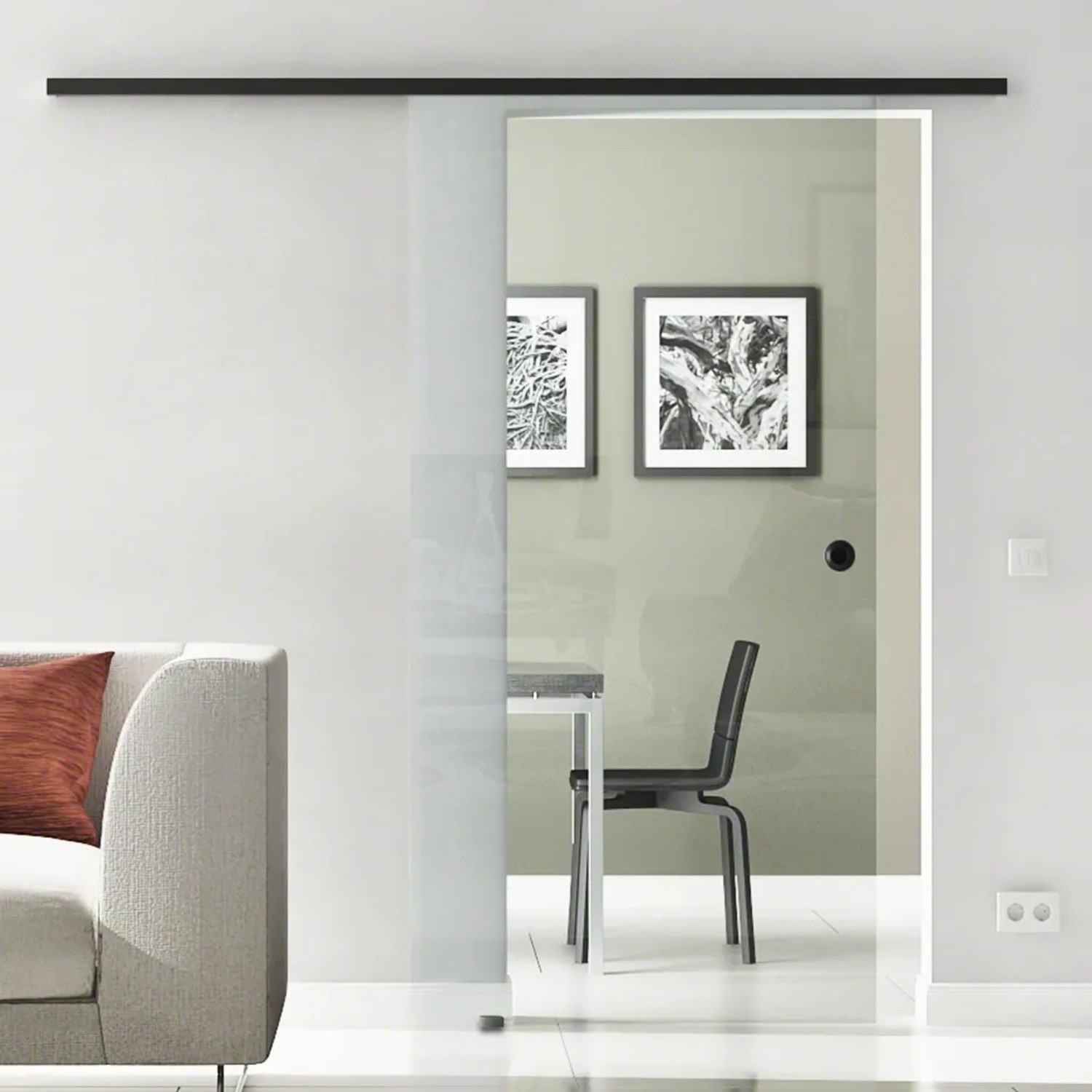 Bild von Levidor Glasschiebetür Komplettset 77,5 x 205 cm Klarglas Schwarz mit Griffmuschel und SoftClose