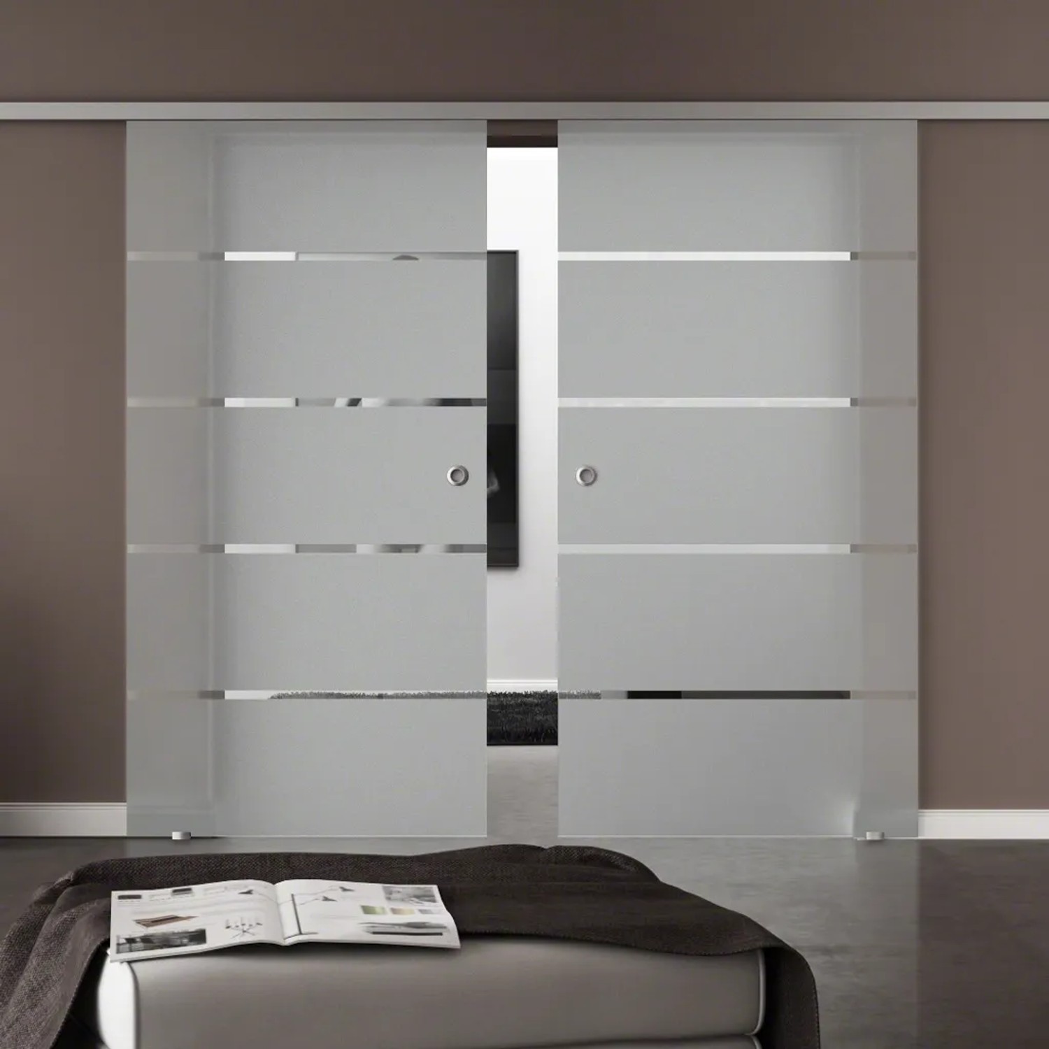 Bild von Levidor Doppelglasschiebetür Komplettset 2x 77,5 x 205 cm Berlin Aluminium mit Griffmuscheln und SoftClose