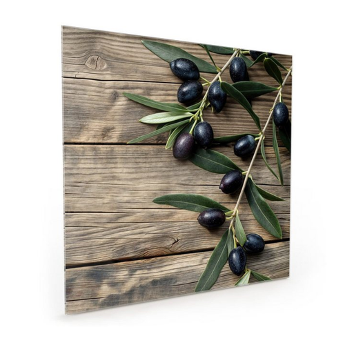 Bild von Primedeco Küchenrückwand Spritzschutz, Herdblende aus Glas - Motiv Holztisch mit Oliven