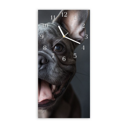 Bild von Primedeco Wanduhr Glasuhr Wandkunst Größe 30 x 60 cm mit Motiv Lachender Hund