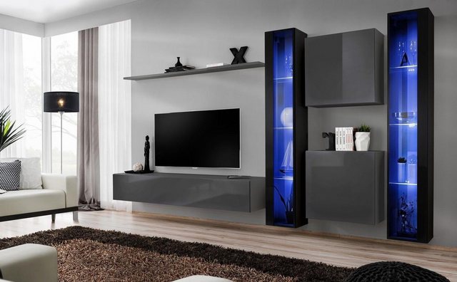 Bild von Xlmoebel Wohnwand Wohzimmer Möbel 2x Schrank Grau Zeitgenössisch Sideboard Design, (7-St., TV Ständer, 2x Hänge Vitrine, Wohnwand, 2x Wandschrank, Wandregal), Hergestellt in Europa
